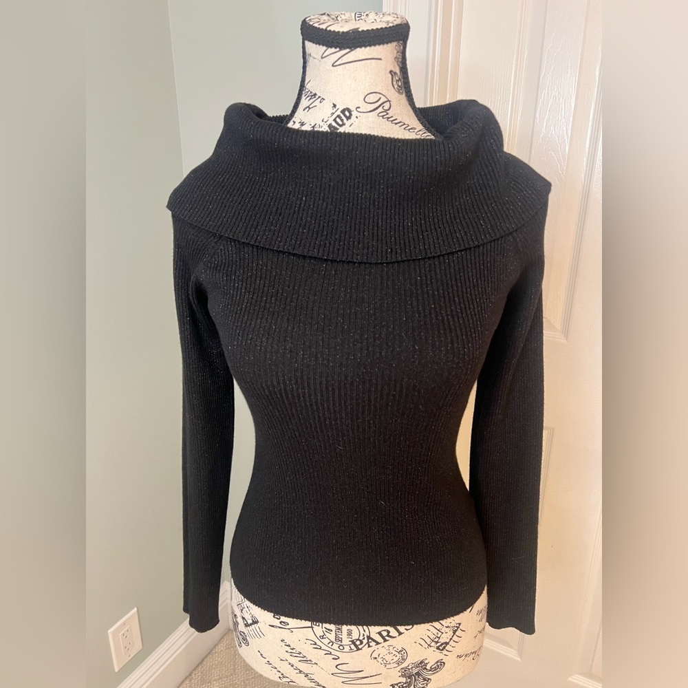 Intempo Black Metallic Sparkle Long Sleeve Cowl Neck Sweater | Size M |Like New